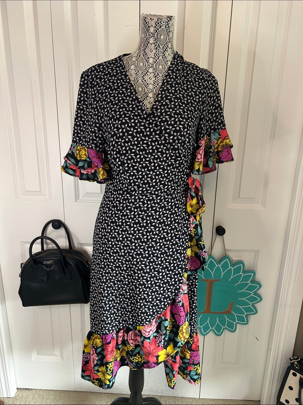 Fabulous Spence Mixed Floral Print Ruffle Wrap Midi Dress - Size 8